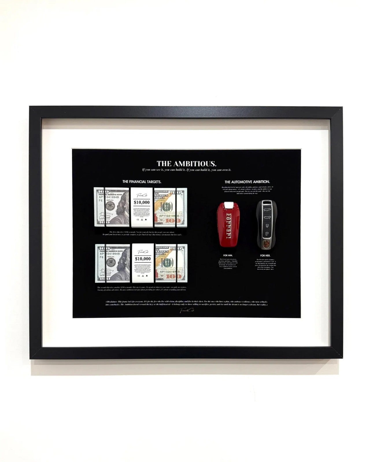 THE AMBITIOUS, MONEY ART FRAME BY FRAMEDCASH | USD, FERRARI, PORSCHE |40X50 cm