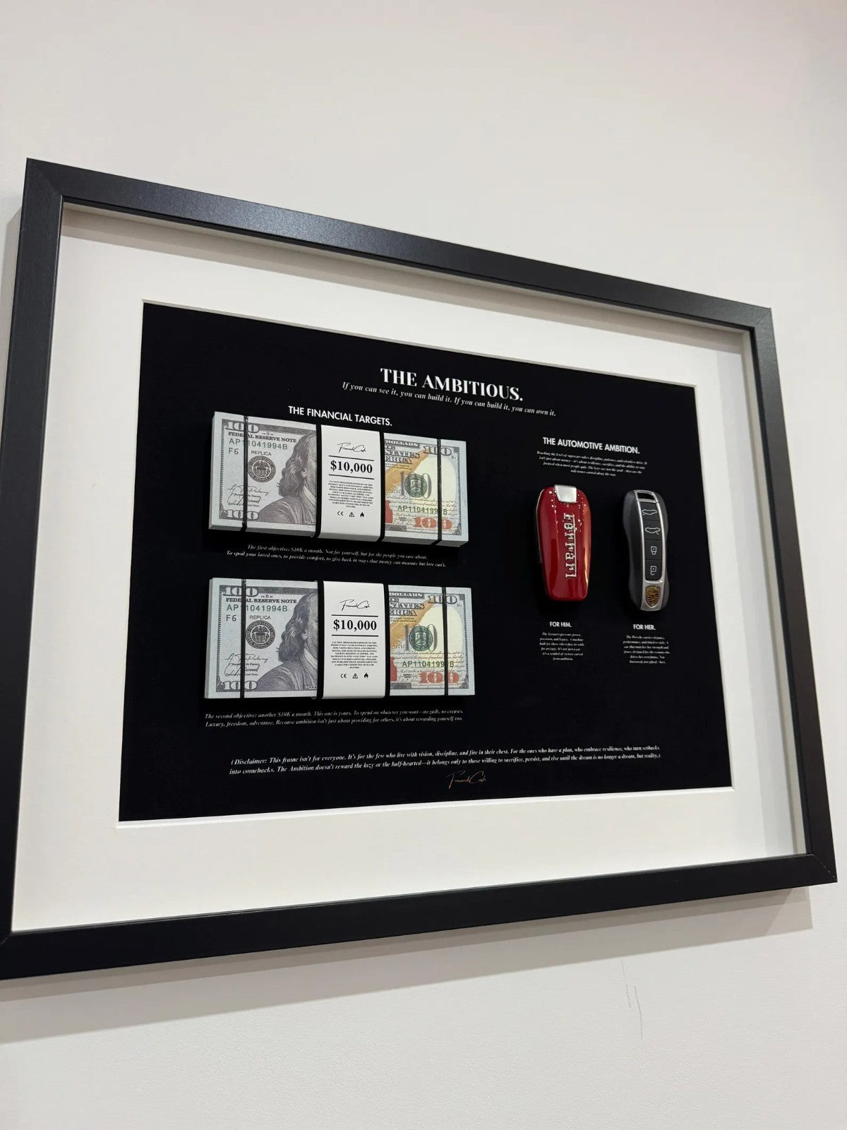 THE AMBITIOUS, MONEY ART FRAME BY FRAMEDCASH | USD, FERRARI, PORSCHE |40X50 cm