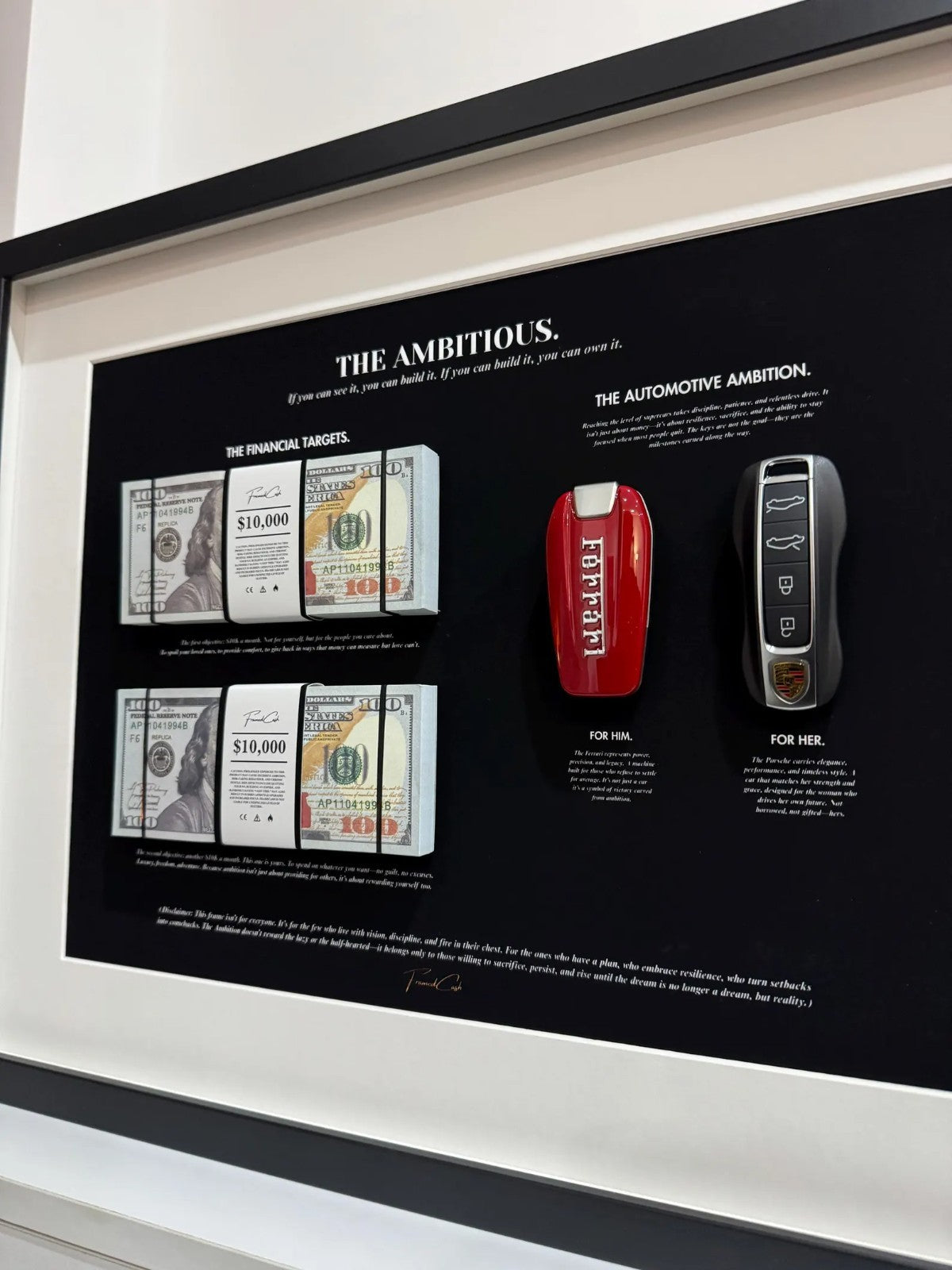 THE AMBITIOUS, MONEY ART FRAME BY FRAMEDCASH | USD, FERRARI, PORSCHE |40X50 cm